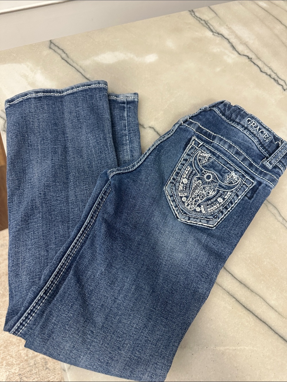 Grace in LA Dark Blue Embroidered Boot Cut Jeans